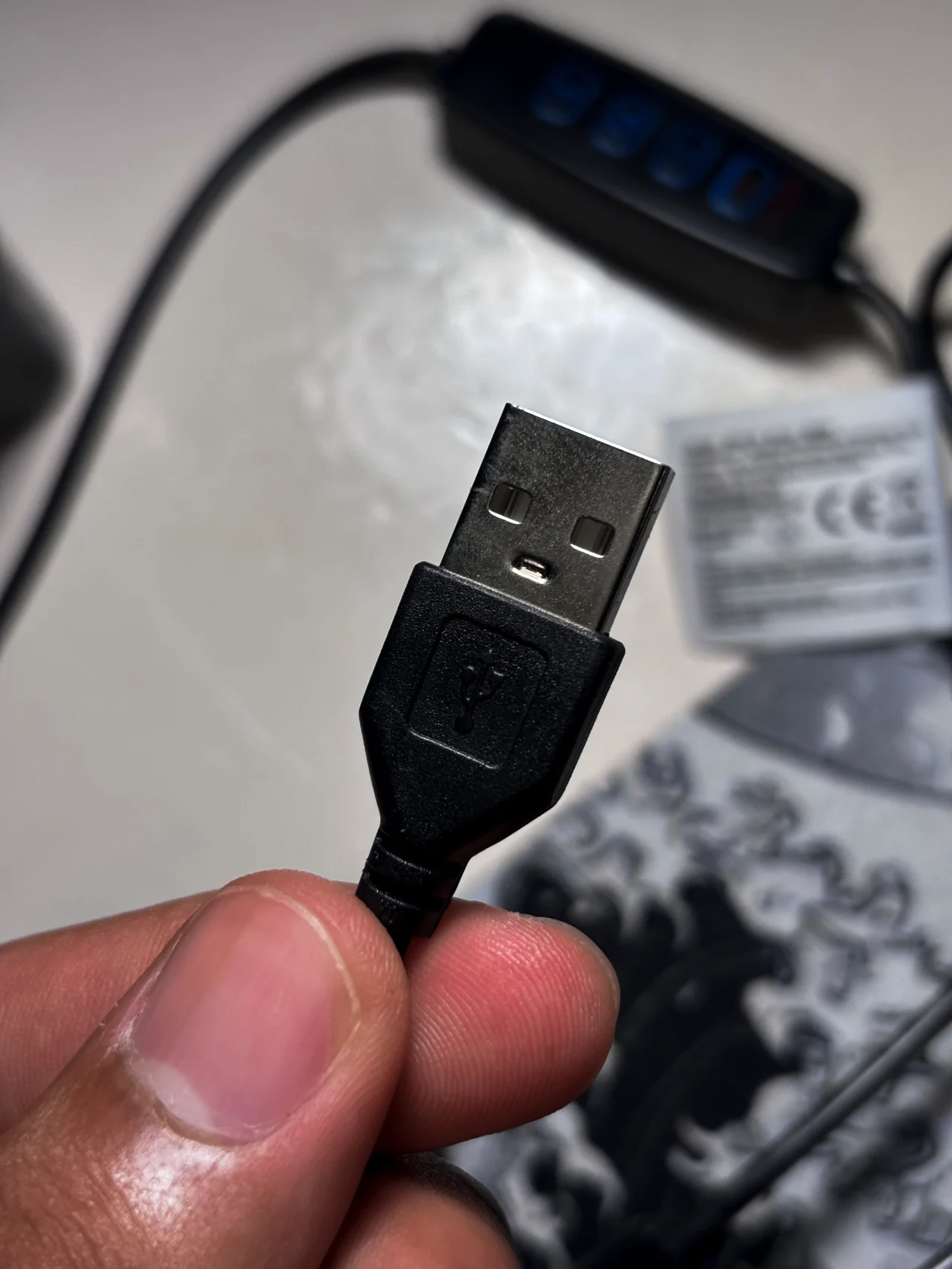 Close-up of the USB-A plug that powers the light bar